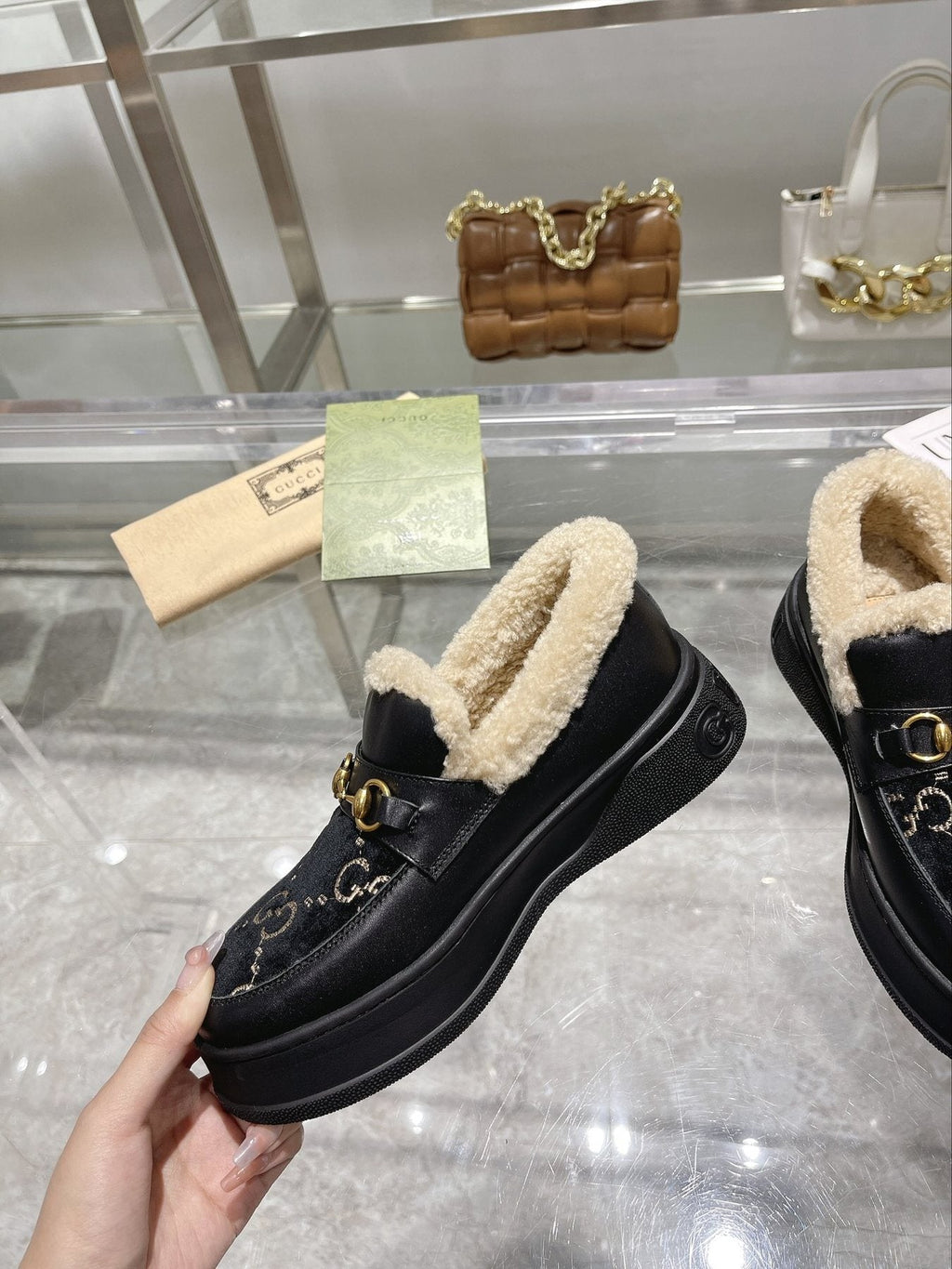 Gucci Patterned Plush-Lined Platform Slip-On Shoes — model