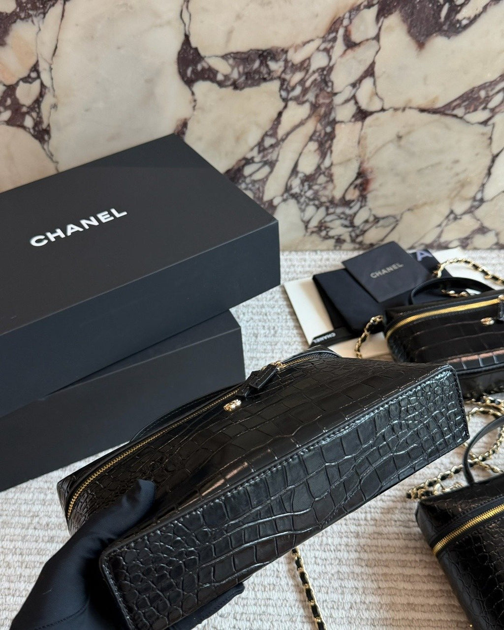 Chanel Crocodile-Pattern Zip Top-Handle Shoulder Bag — detail