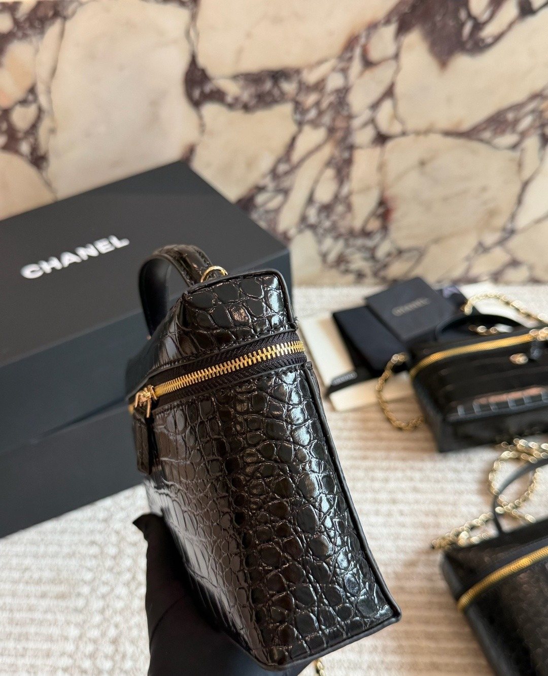 Chanel Crocodile-Pattern Zip Top-Handle Shoulder Bag — side