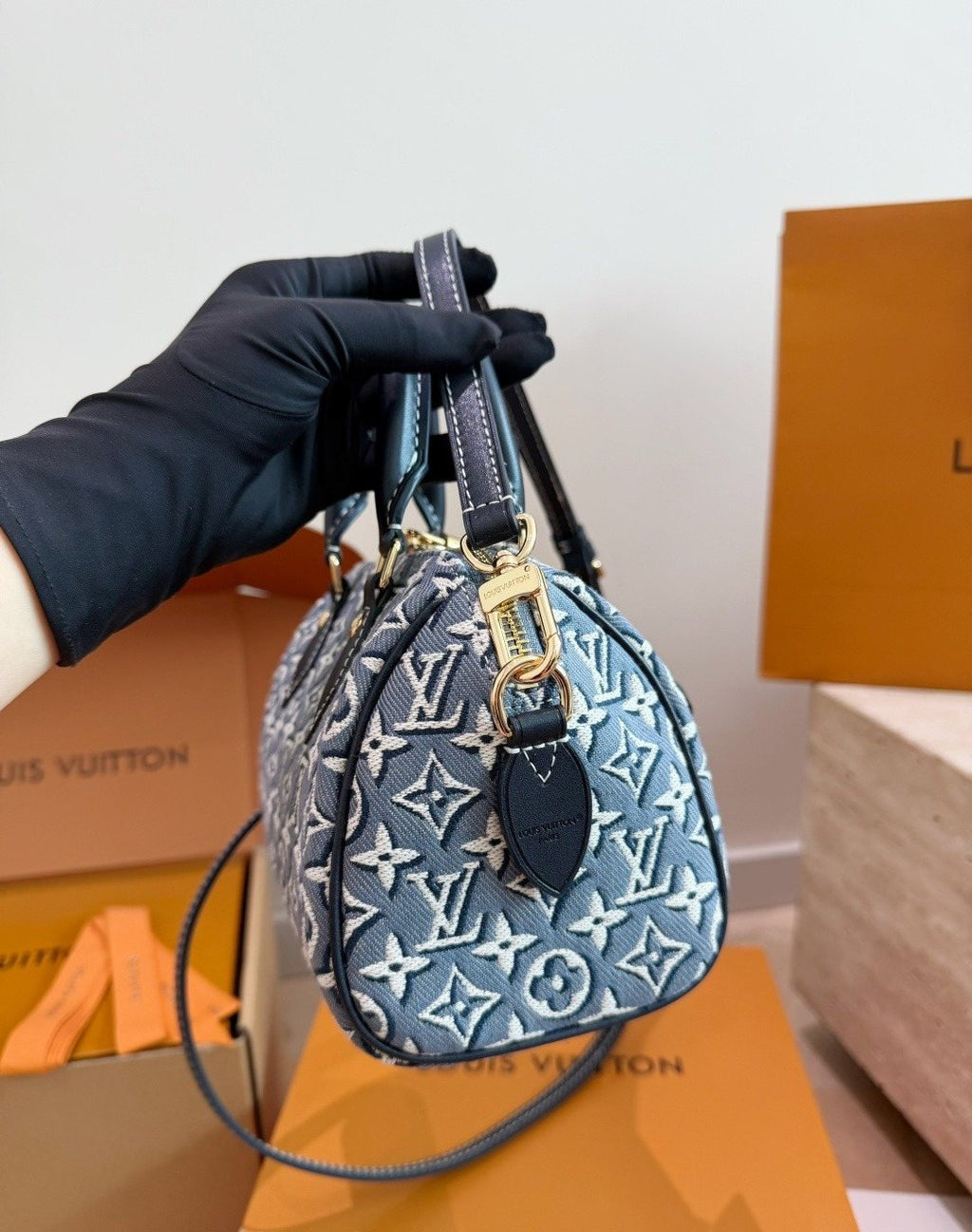Louis Vuitton Speedy Blue Jacquard Satchel — side
