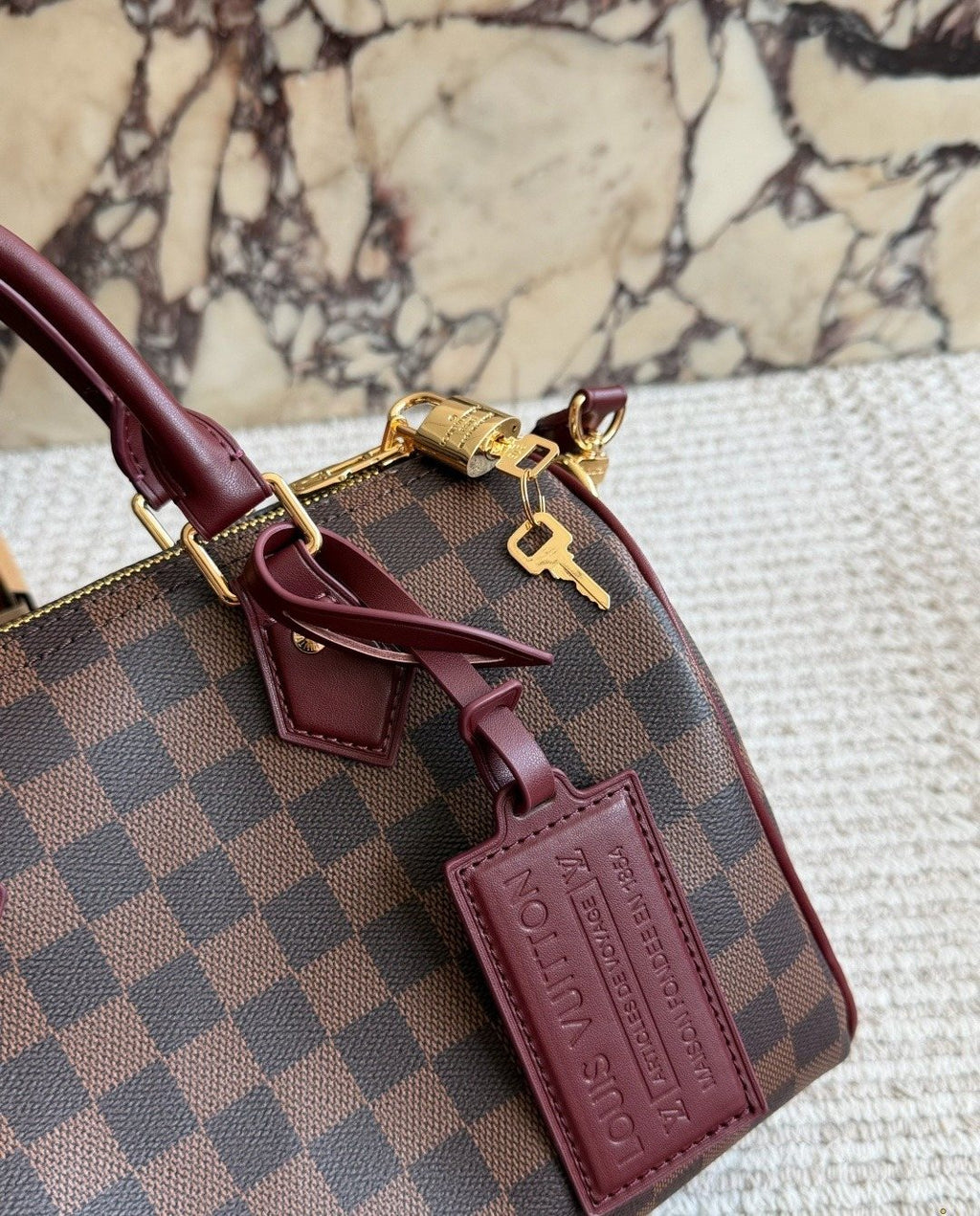 Louis Vuitton Speedy Checker Bag with Burgundy Trim — detail