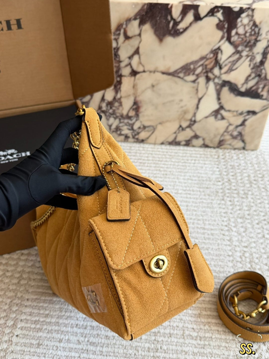 Coach Tan Diamond-Quilted Shoulder Bag — side