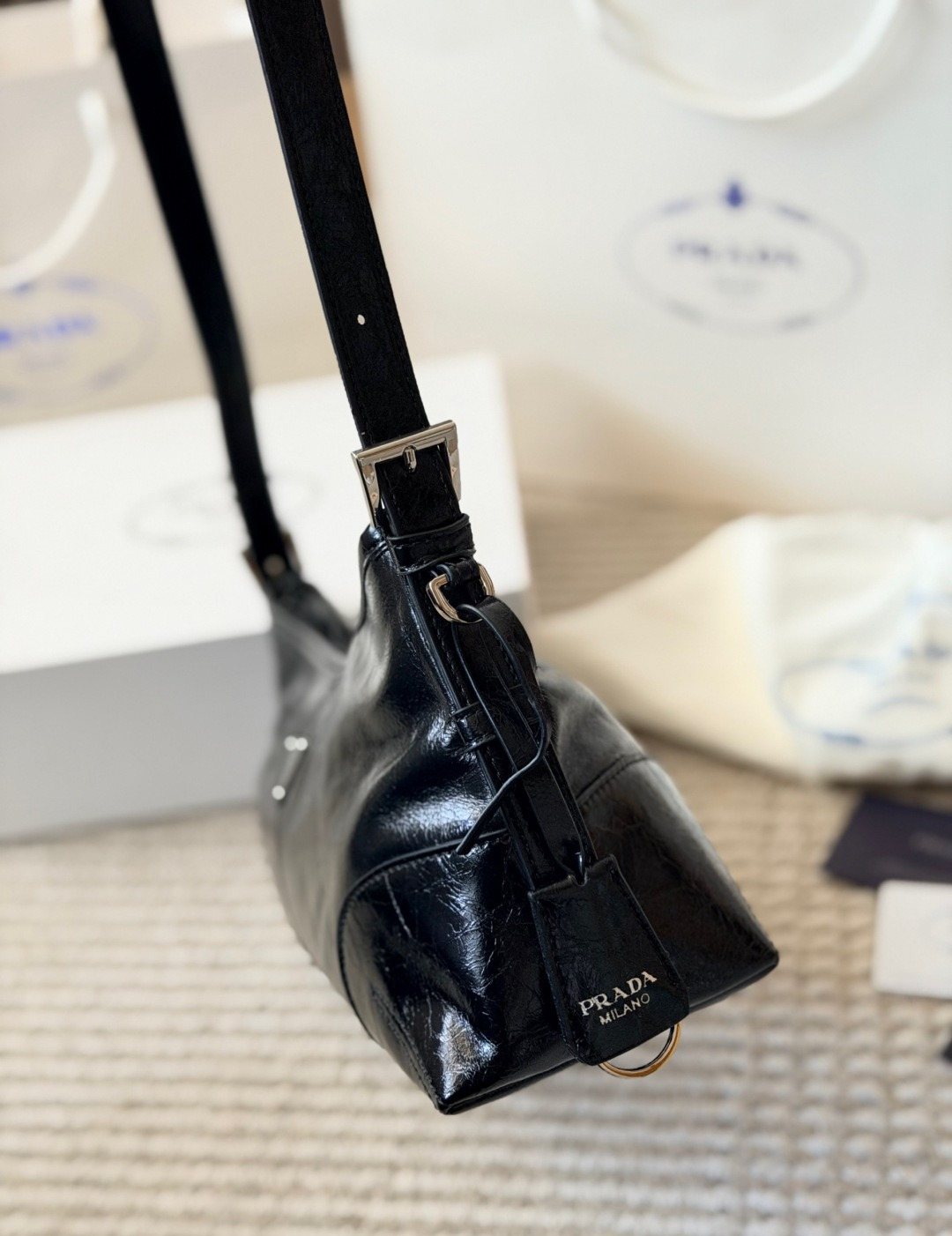 Prada Glossy Crescent Shoulder Bag — side