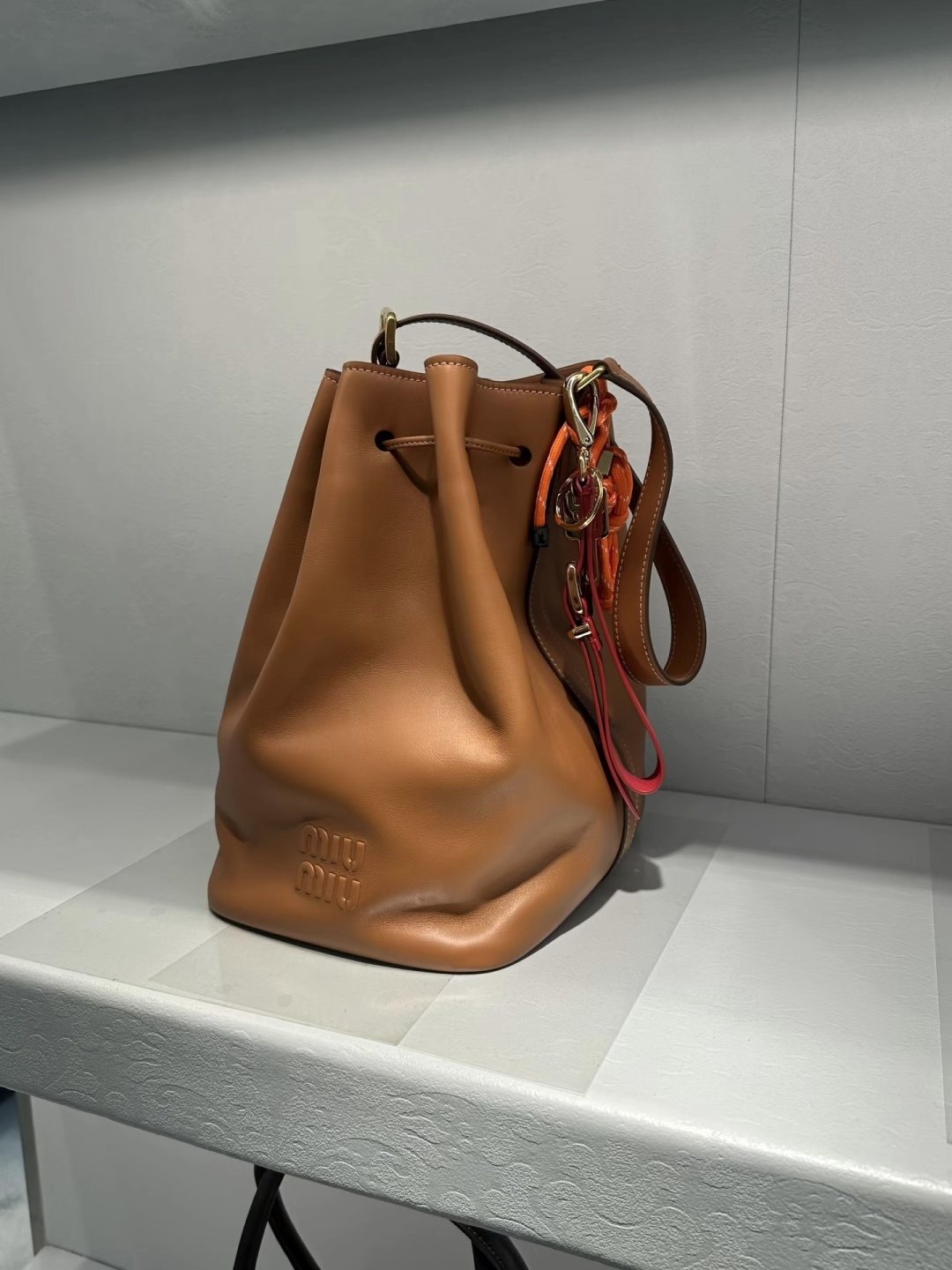 Miu Miu Smooth Leather Drawstring Bucket Bag — front