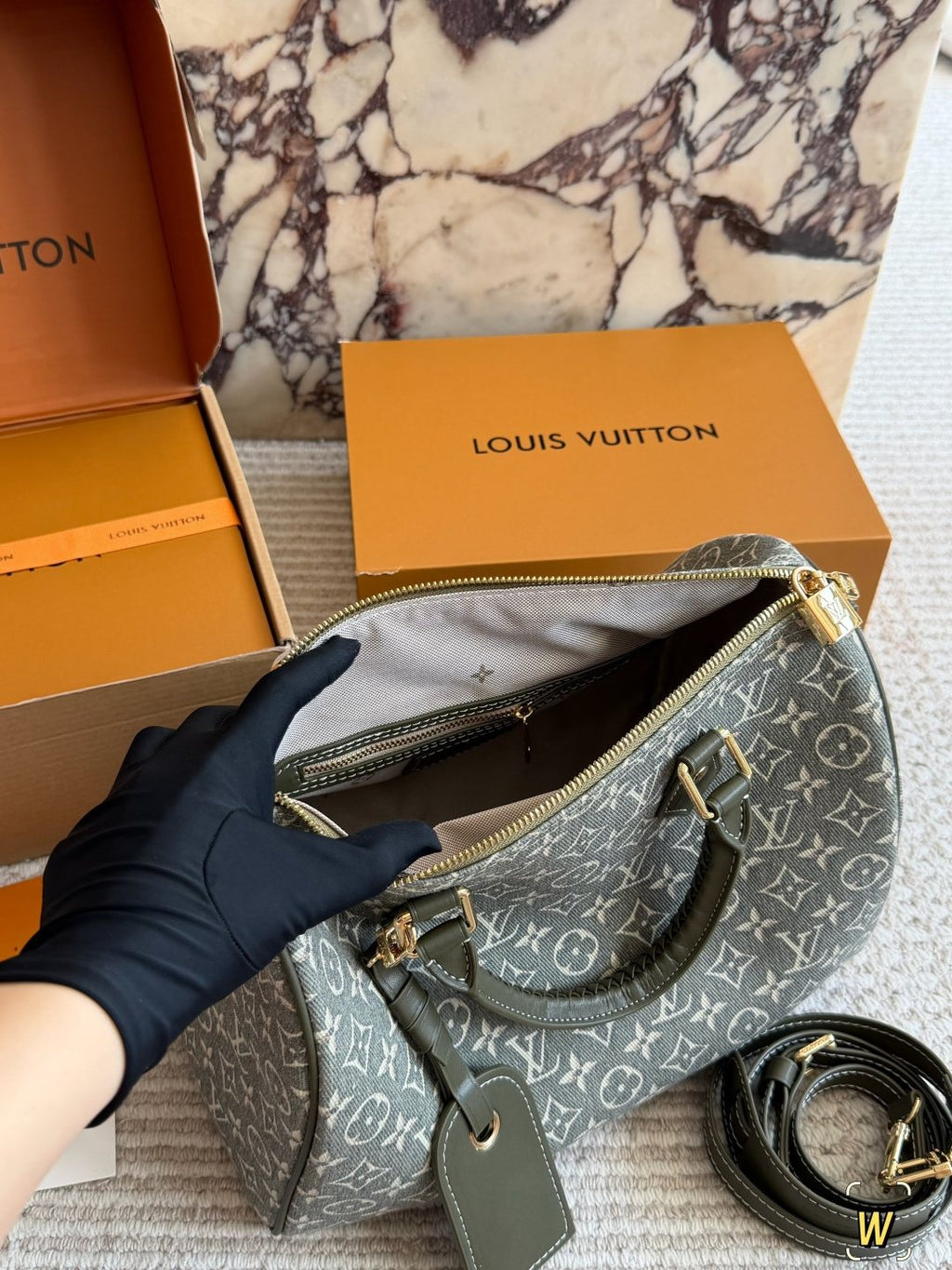 Louis Vuitton Speedy Sage Green Monogram Duffel Bag — front